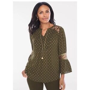 Chico's Metallic Gold Dot Jacquard Peasant Top Olive Green Size‎ 2 US Large